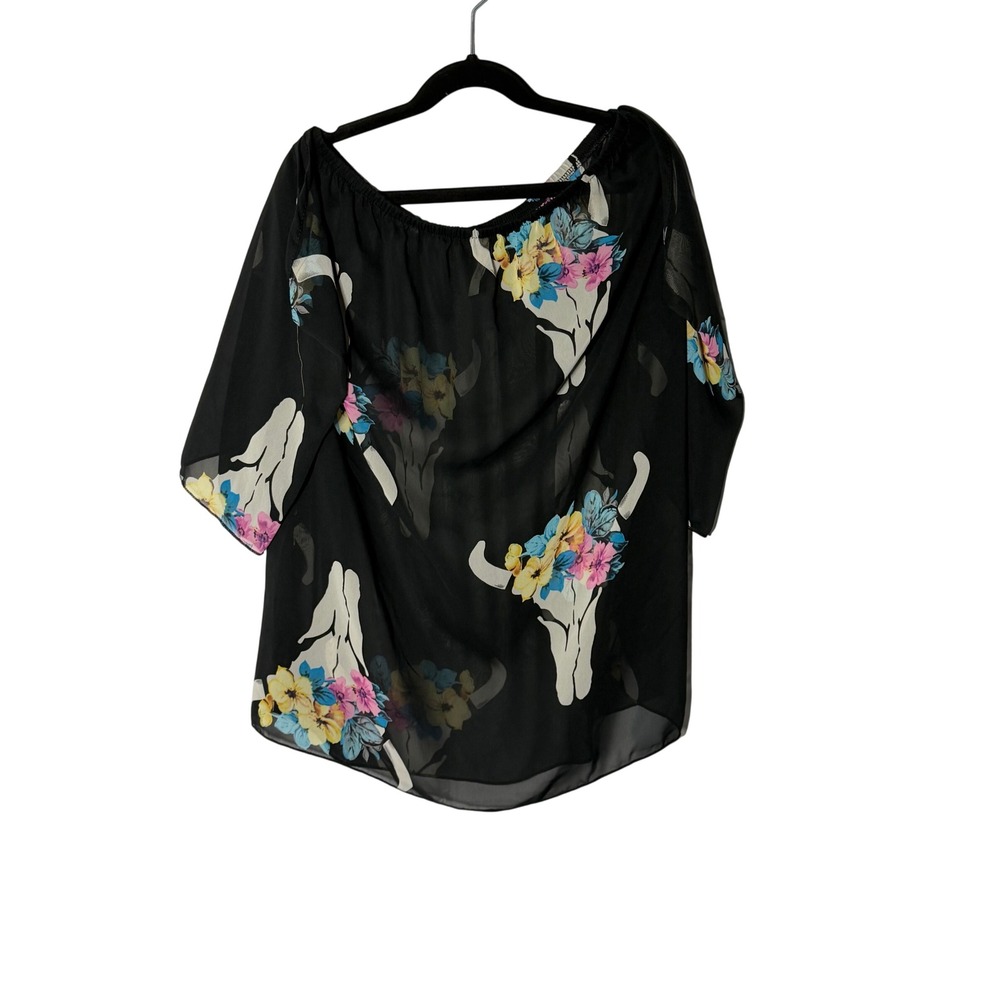 Lilypad Black Chiffon Floral Longhorn Skull Off The Shoulder Blouse Large Boho